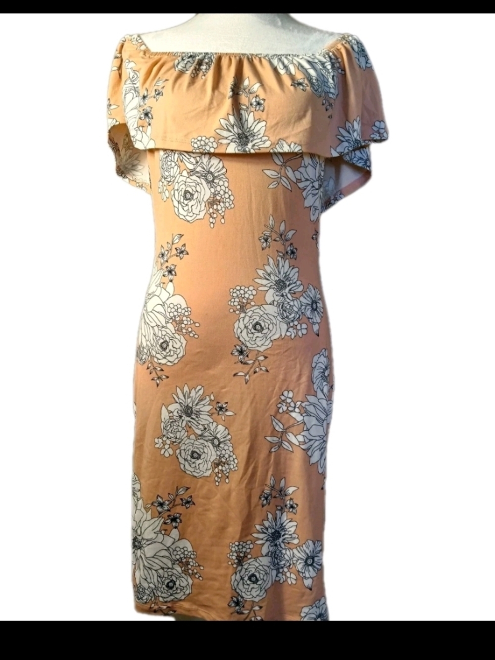 Off-Shoulder Floral Midi Dress in Peach
